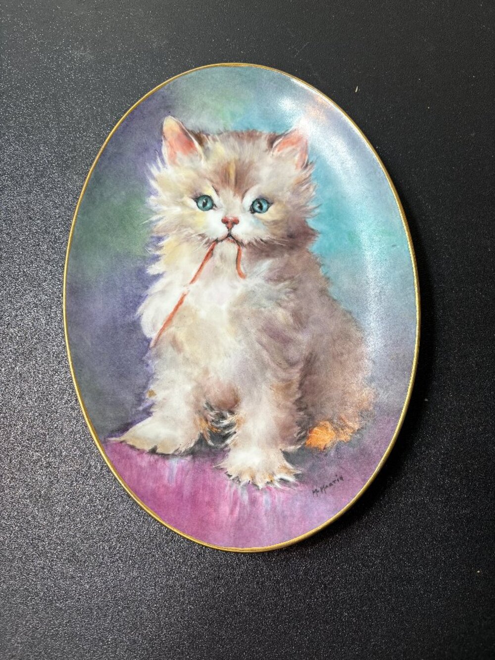 Vintage Hand Painted White Kitten Decorative Plate. Signed